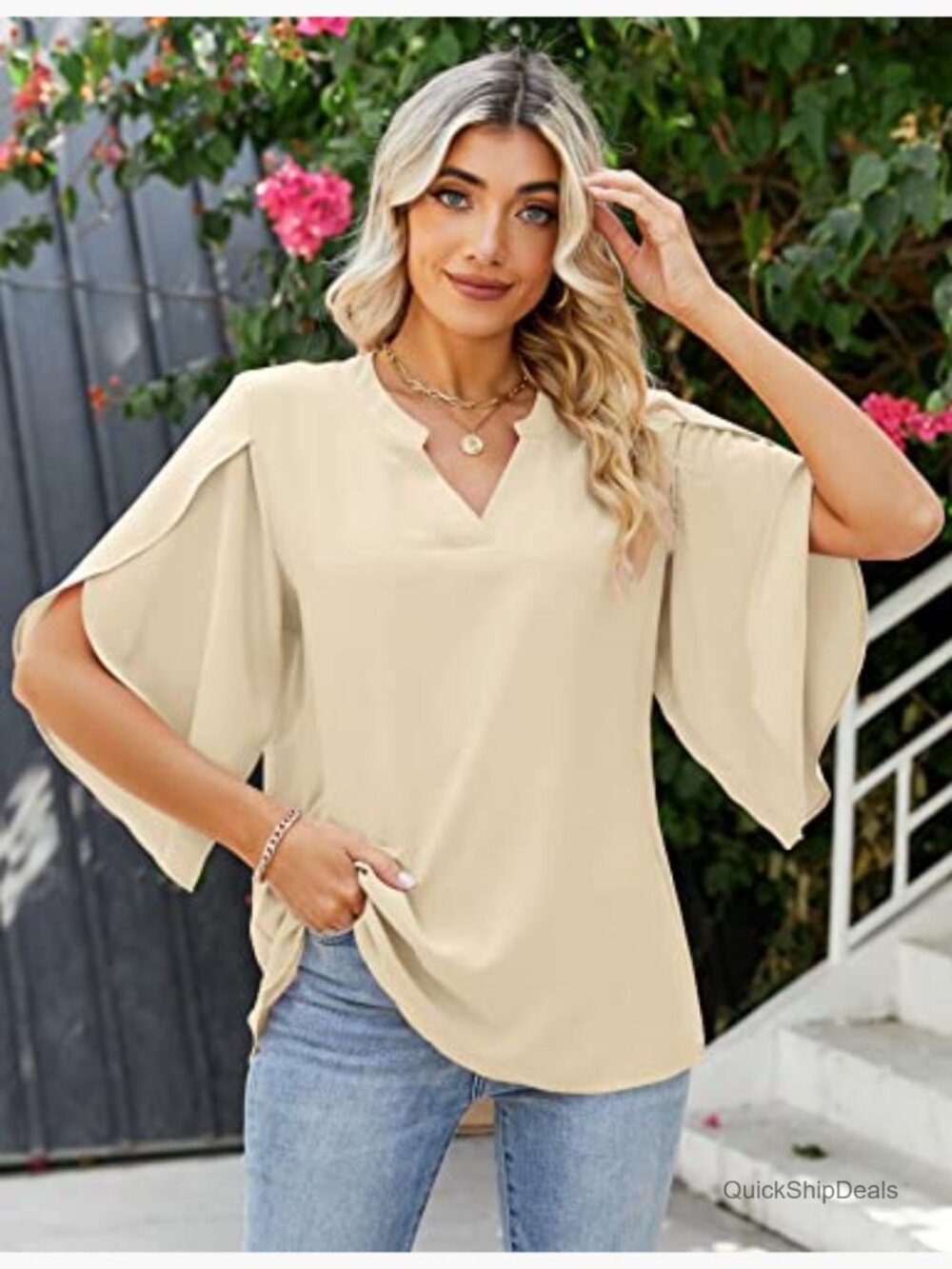 Chiffon V-Neck Blouse with 3/4 Ruffled Sleeves Loose Fit Tunic - Picture 3 of 7